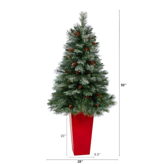 55" Unlit Snowed French Alps Mountain Pine Artificial Christmas Tree In Red Tower Planter